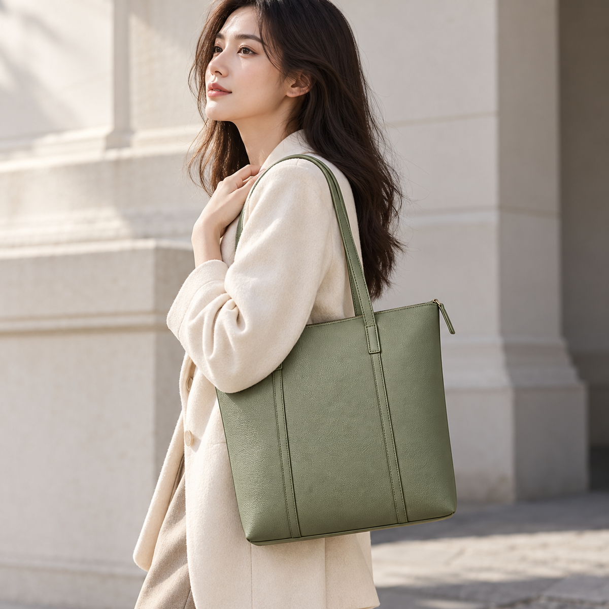 Cove Zip Tote in Sage — lifestyle view