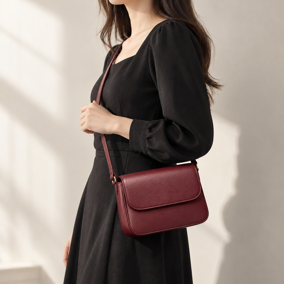 Iris Mini Crossbody in Burgundy — lifestyle view