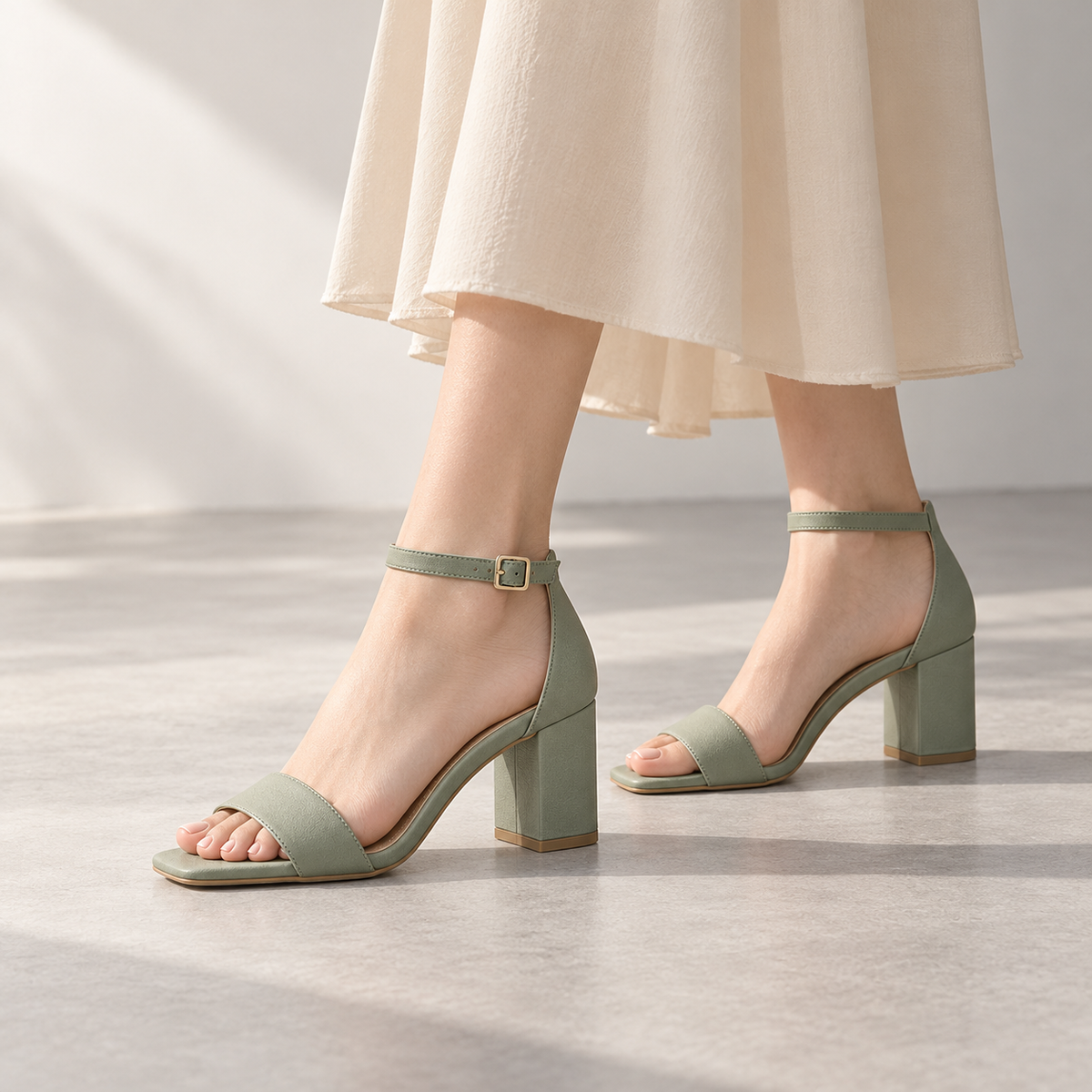 Maren Block-Heel Sandal in Sage — lifestyle view