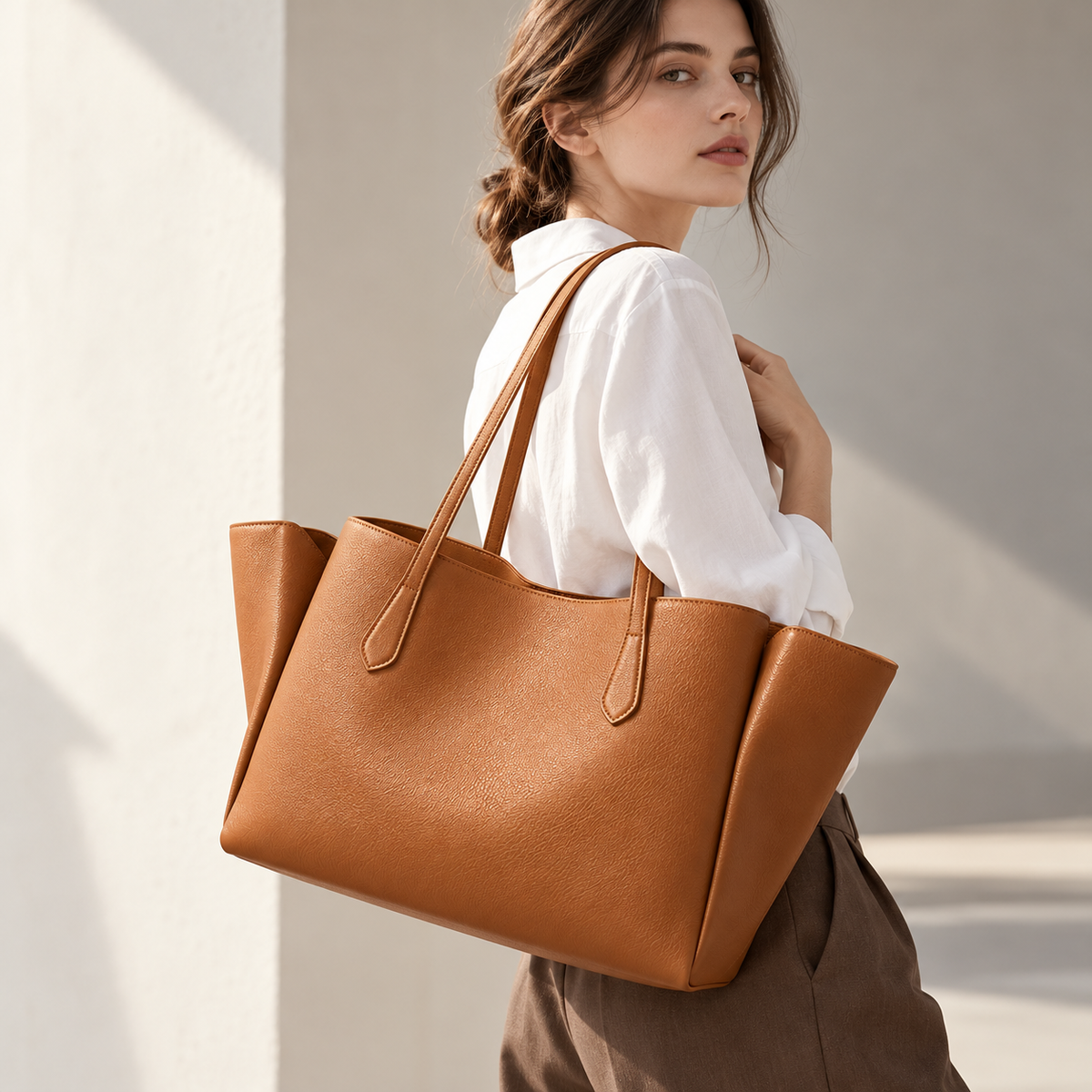 Marlow Wing Tote in Tan — lifestyle view
