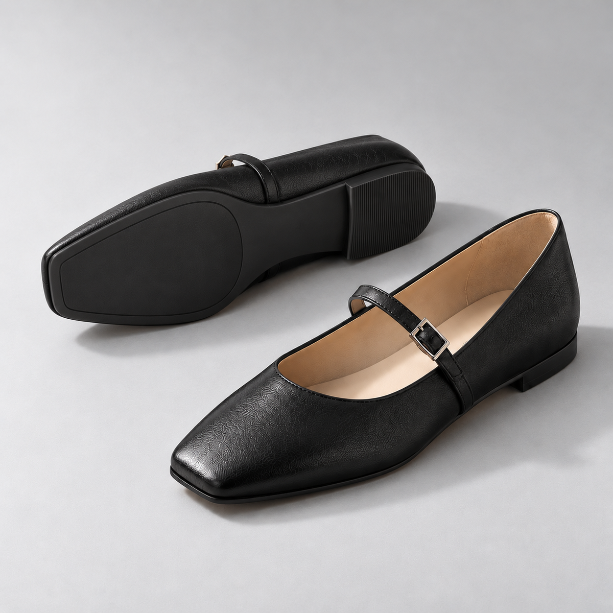 Mira Square-Toe Flat in Black — construction view