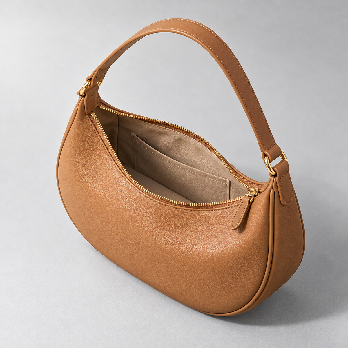 Nola Crescent Shoulder Bag in Camel — construction view