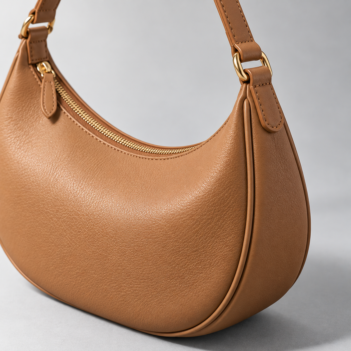 Nola Crescent Shoulder Bag in Camel — detail view