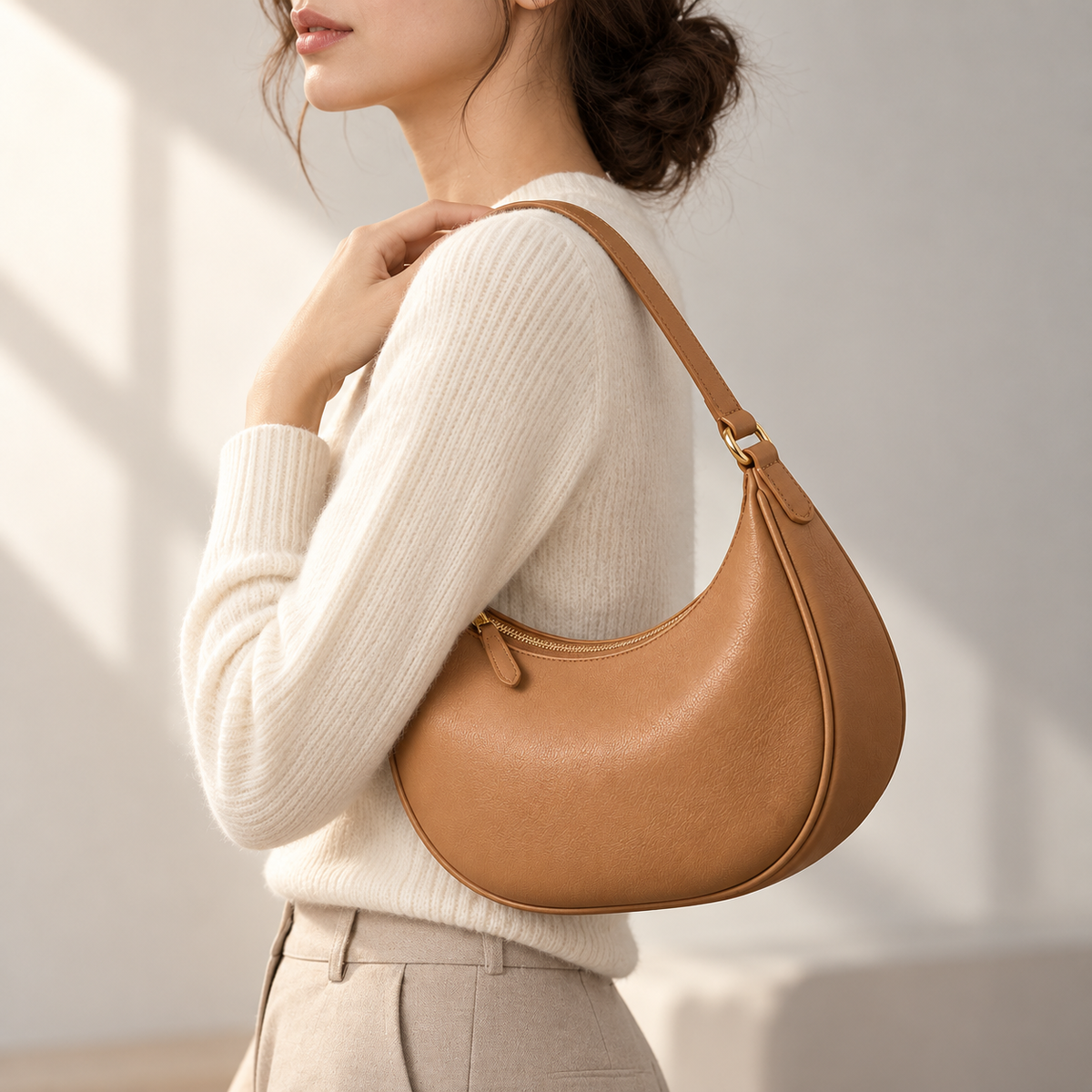Nola Crescent Shoulder Bag in Camel — lifestyle view