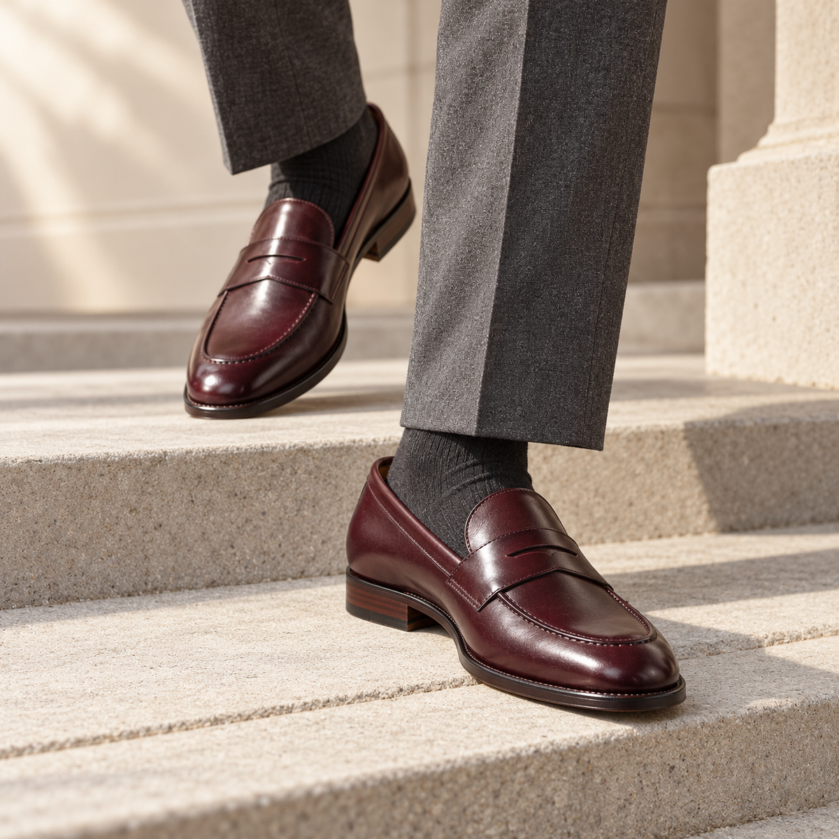 Reeve Penny Loafer in Oxblood — lifestyle view