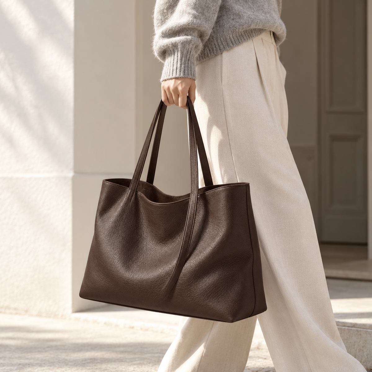 Vela Soft Tote in Espresso — lifestyle view